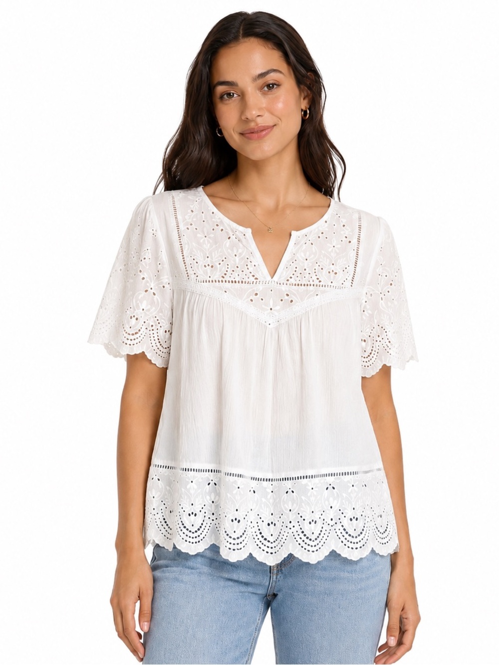Knox Rose White Eyelet Peasant Blouse Boho Prairie Top Large